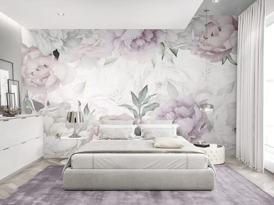 Fototapeta Pastelowe Piwonie i Liście we wnętrzu sypialni