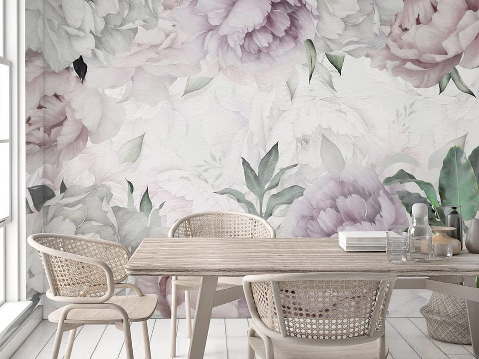 Fototapeta Pastelowe Piwonie i Liście we wnętrzu kuchni