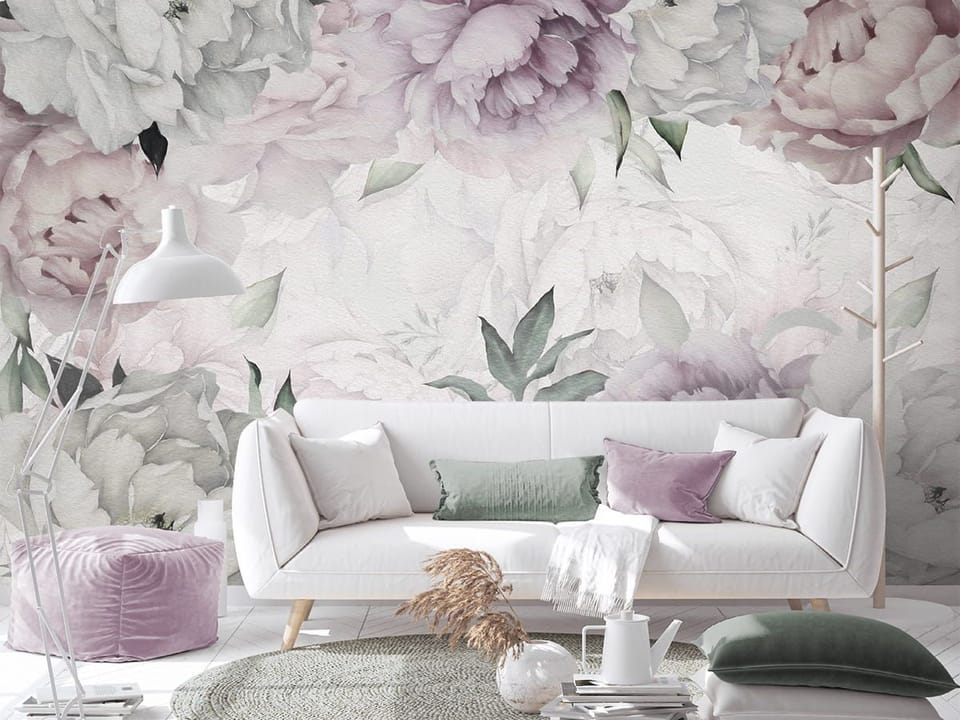 Fototapeta Pastelowe Piwonie i Liście we wnętrzu salonu