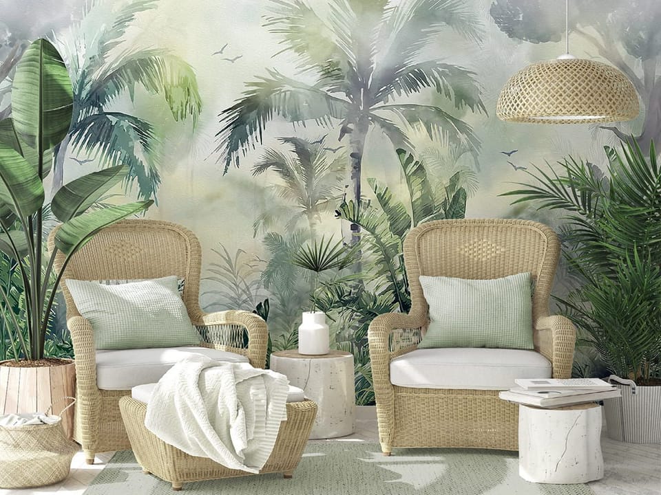 Fototapeta Tropikalna dżungla z palmami we wnętrzu przedpokoju