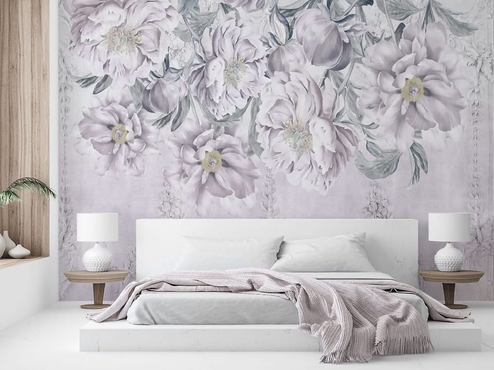 Fototapeta Piwonie na dekoracyjnym tle we wnętrzu sypialni