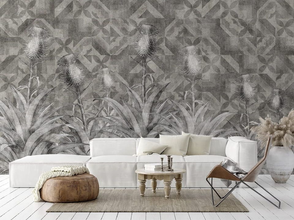 Fototapeta Kwiatowe Murale z Geometrycznym Tłem we wnętrzu salonu