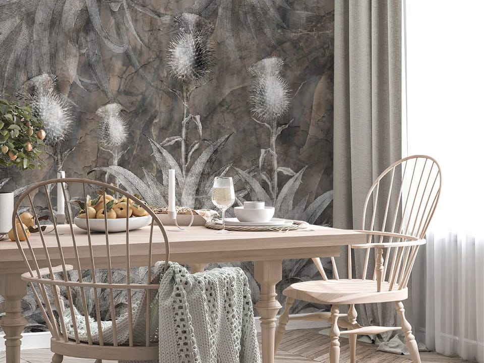 Fototapeta Kwiatowe Murale z Dużymi Liśćmi we wnętrzu kuchni