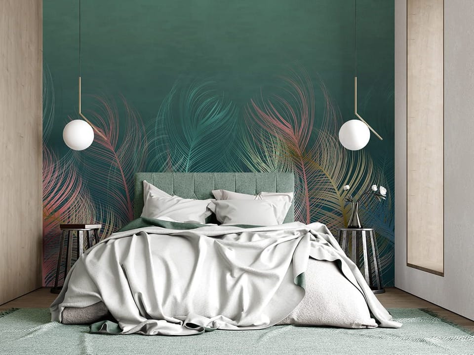 Fototapeta Kolorowe pióra na zielonym tle we wnętrzu sypialni