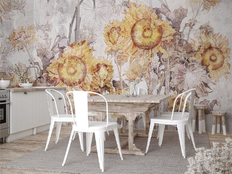 Fototapeta Słoneczniki na tle abstrakcyjnym we wnętrzu kuchni