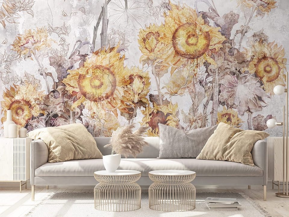 Fototapeta Słoneczniki na tle abstrakcyjnym we wnętrzu salonu