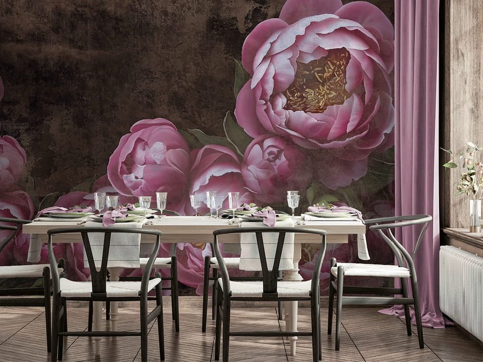 Fototapeta Różowe piwonie na ciemnym tle we wnętrzu kuchni