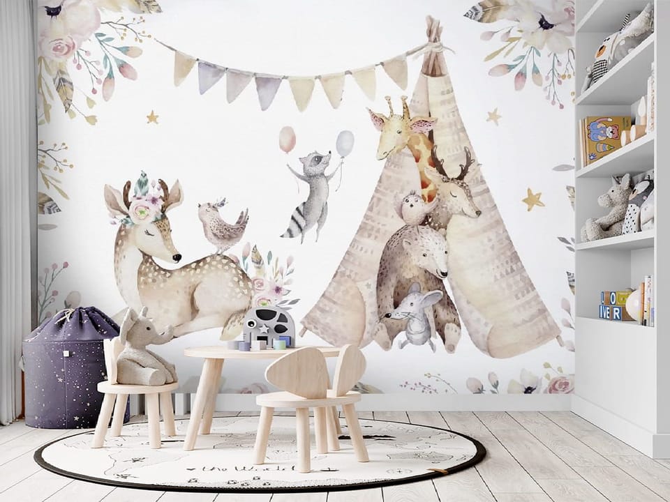 Fototapeta Zwierzęta w tipi i na łące we wnętrzu pokoju dziecka