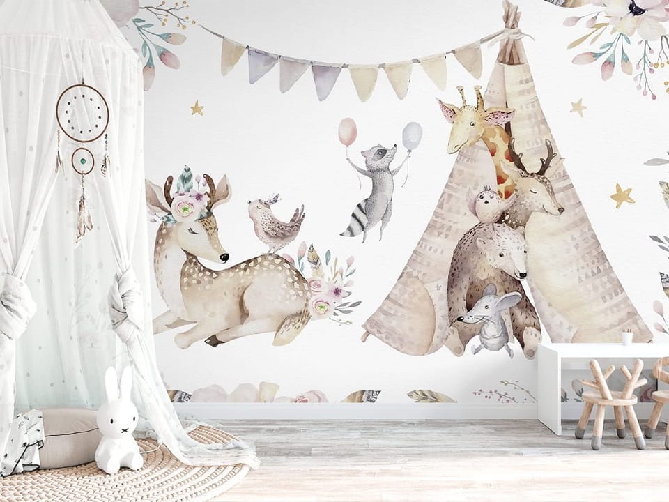 Fototapeta Zwierzęta w tipi i na łące we wnętrzu pokoju nastolatka