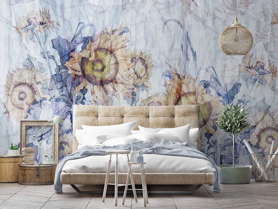 Fototapeta Słoneczniki na abstrakcyjnym tle we wnętrzu sypialni