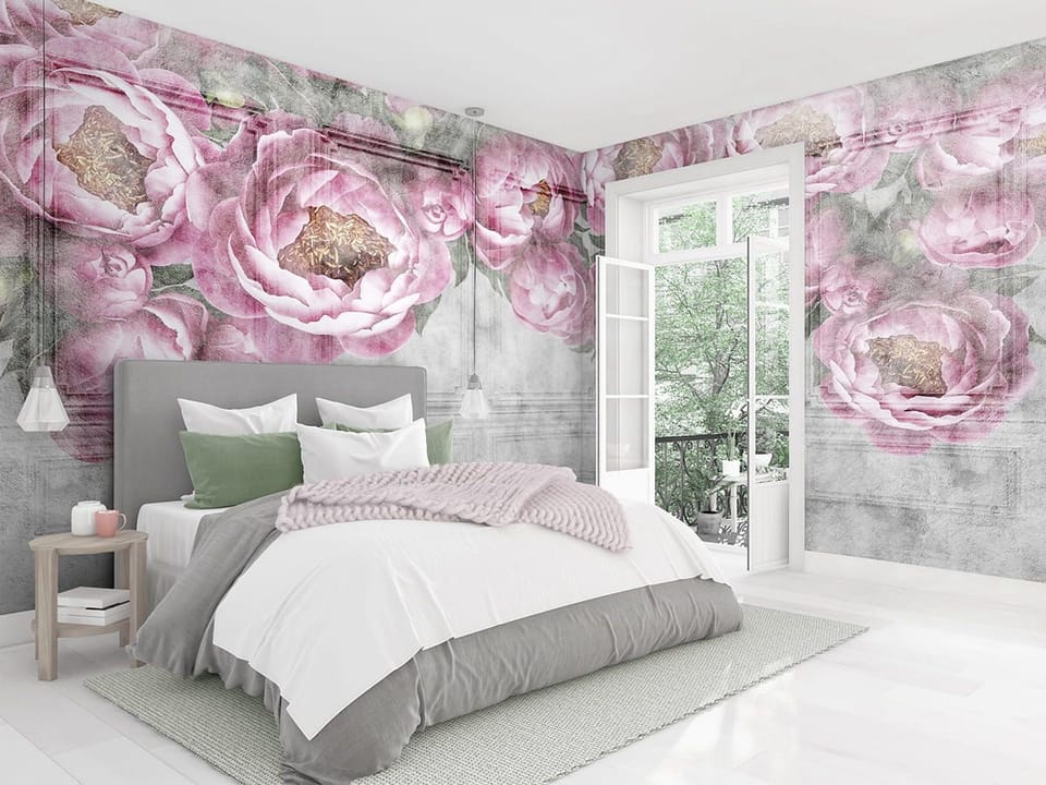 Fototapeta Różowe Piwonie na Szarym Tle we wnętrzu sypialni