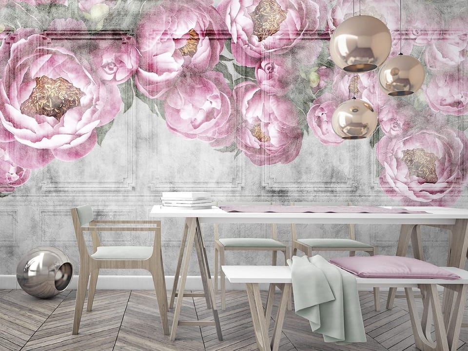Fototapeta Różowe Piwonie na Szarym Tle we wnętrzu kuchni