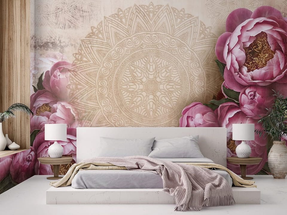 Fototapeta Bukiet Różowych Piwonii z Mandalą we wnętrzu sypialni