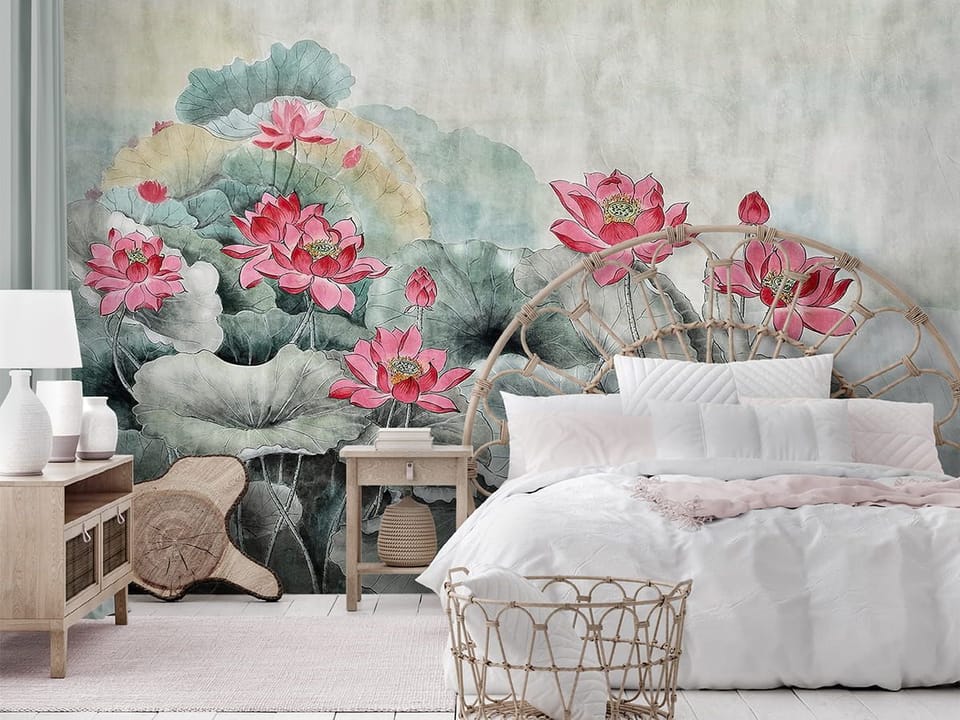 Fototapeta Kwiaty lotosu i zielone liście we wnętrzu sypialni