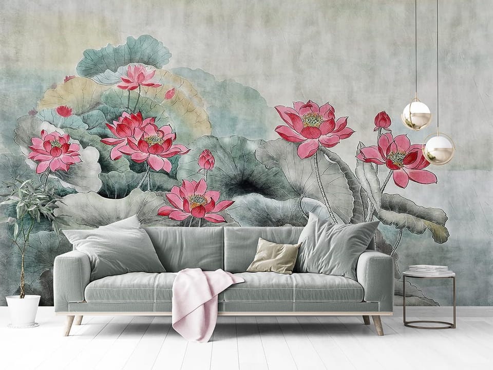 Fototapeta Kwiaty lotosu i zielone liście we wnętrzu salonu