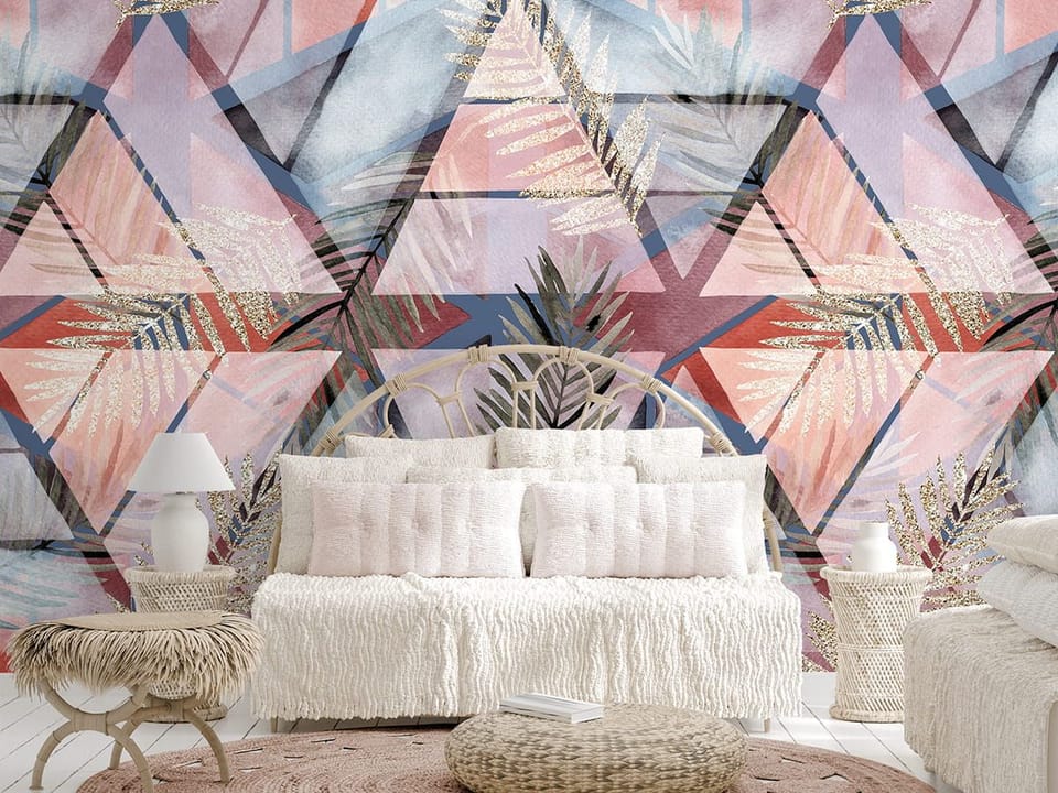 Fototapeta Geometryczne wzory z liśćmi we wnętrzu sypialni