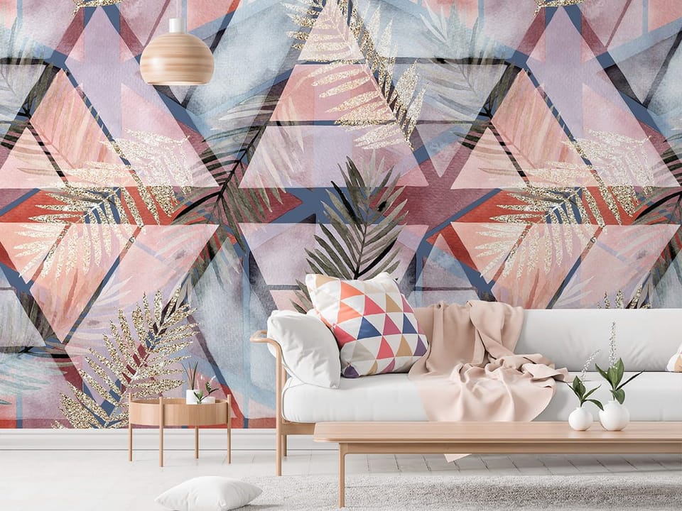 Fototapeta Geometryczne wzory z liśćmi we wnętrzu salonu