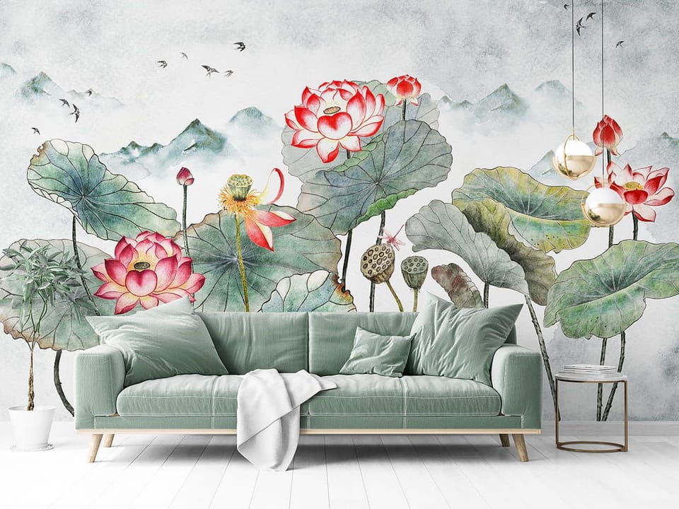 Fototapeta Kwiaty lotosu na tle gór we wnętrzu salonu