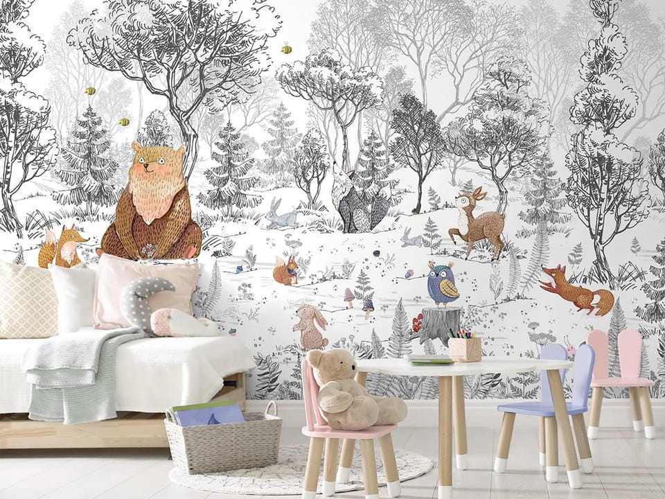 Fototapeta Niedźwiedź w lesie z przyjaciółmi we wnętrzu pokoju dziecka