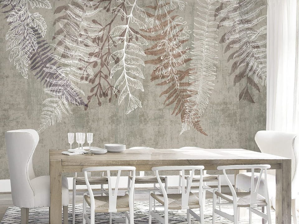 Fototapeta Liście paproci na szarym tle we wnętrzu kuchni