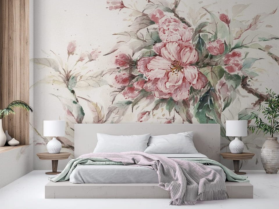 Fototapeta Różowe kwiaty sakury z liśćmi we wnętrzu sypialni