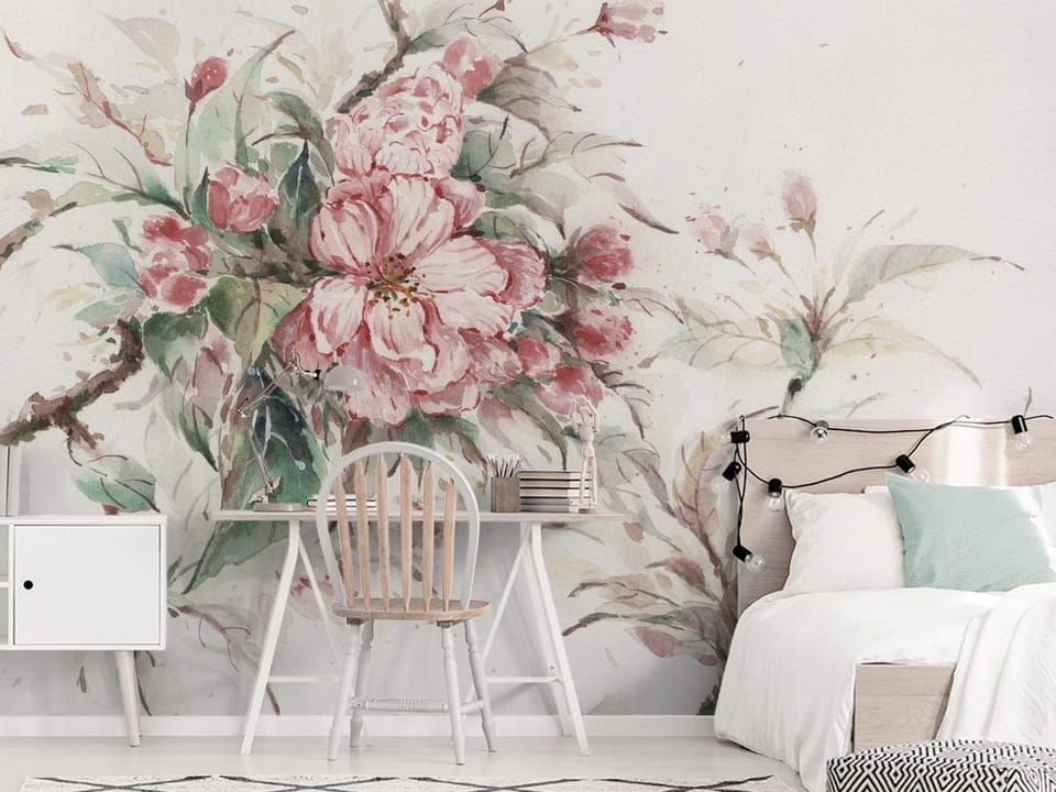 Fototapeta Różowe kwiaty sakury z liśćmi we wnętrzu pokoju nastolatka