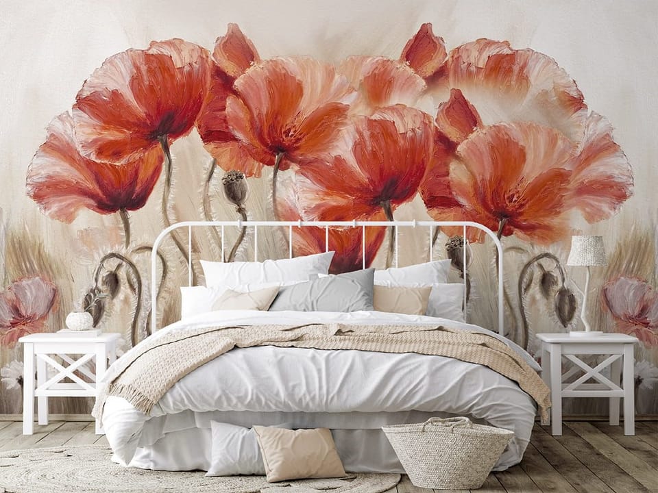 Fototapeta Czerwone maki na jasnym tle we wnętrzu sypialni