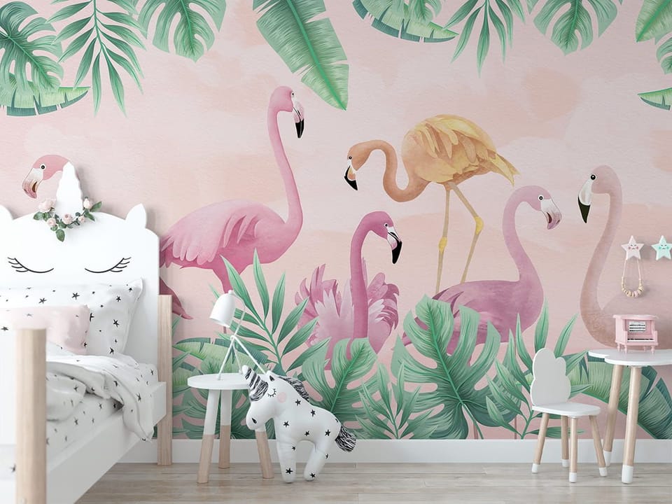 Fototapeta Flamingi w tropikalnym otoczeniu we wnętrzu pokoju dziecka