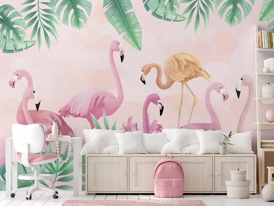 Fototapeta Flamingi w tropikalnym otoczeniu we wnętrzu pokoju nastolatka