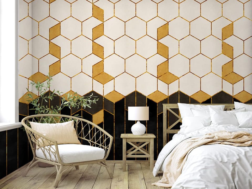 Fototapeta Geometryczny wzór z heksagonami we wnętrzu sypialni