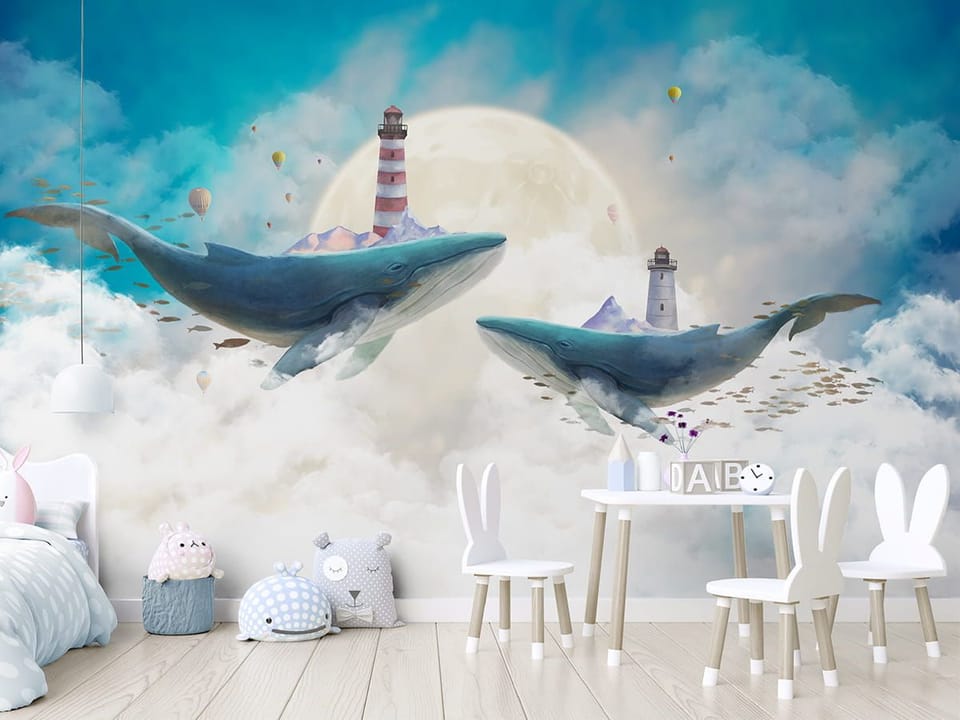 Fototapeta Wieloryby z latarniami w chmurach we wnętrzu pokoju dziecka