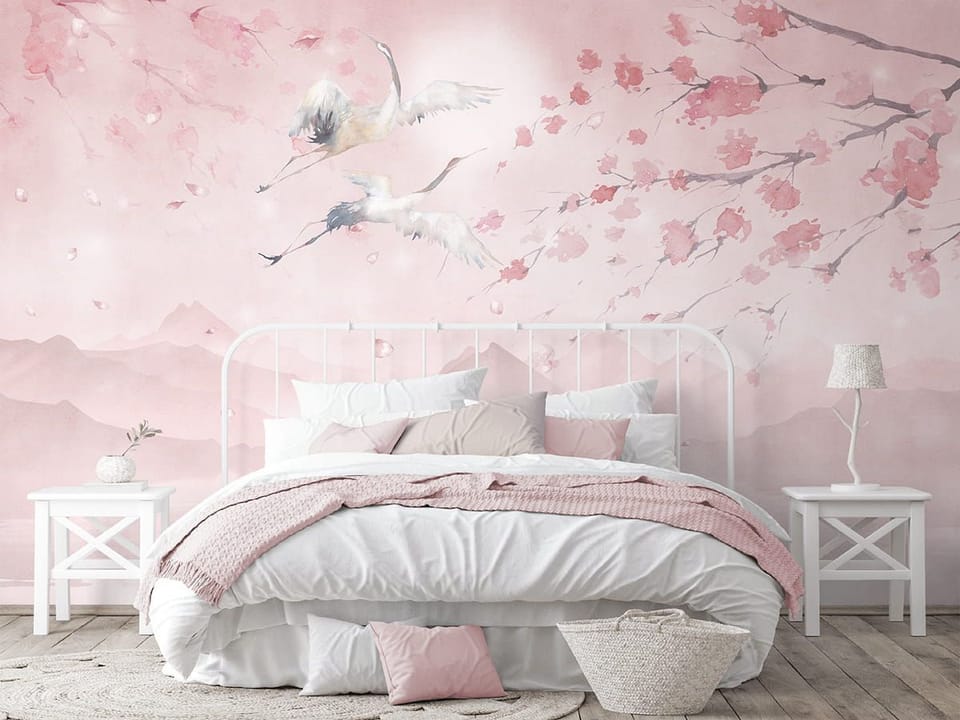 Fototapeta Żurawie nad Jeziorem w Akwareli we wnętrzu sypialni