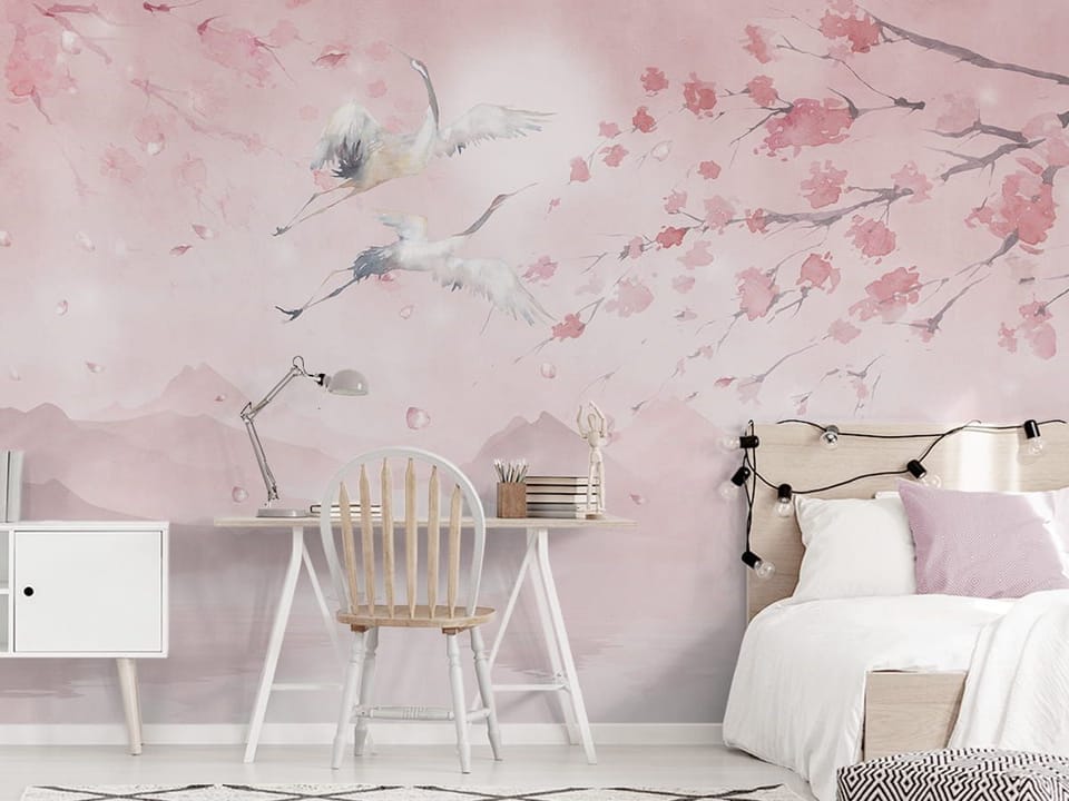 Fototapeta Żurawie nad Jeziorem w Akwareli we wnętrzu pokoju nastolatka