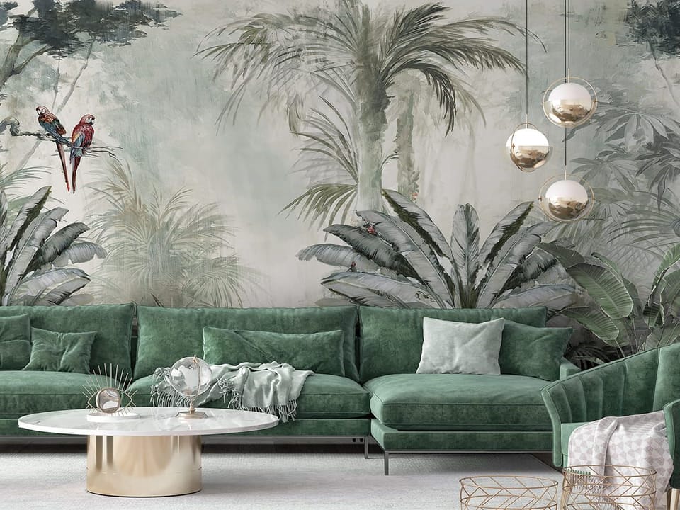 Fototapeta Tropikalna dżungla z palmami we wnętrzu salonu