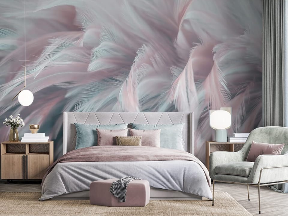Fototapeta Delikatne pióra w pastelach we wnętrzu sypialni