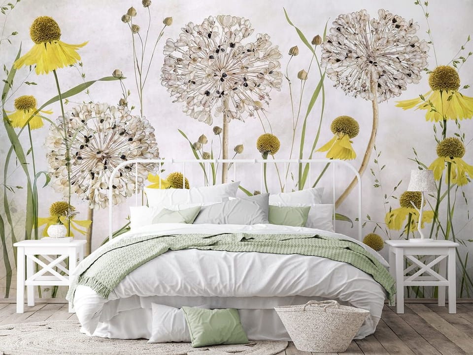 Fototapeta Kwiaty polne z dmuchawcami we wnętrzu sypialni