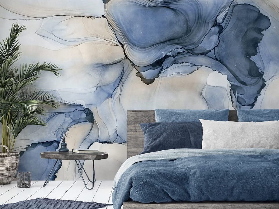 Fototapeta Abstrakcyjne Niebieskie Formy we wnętrzu sypialni