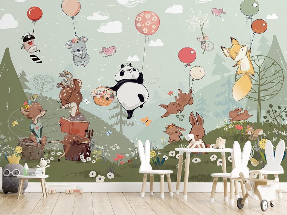 Fototapeta Zwierzęta z balonami na łące we wnętrzu pokoju dziecka