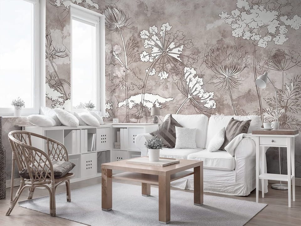 Fototapeta Delikatne kwiaty na szarym tle we wnętrzu salonu