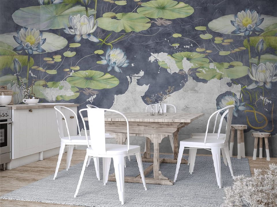 Fototapeta Lilie wodne na ciemnoniebieskim tle we wnętrzu kuchni