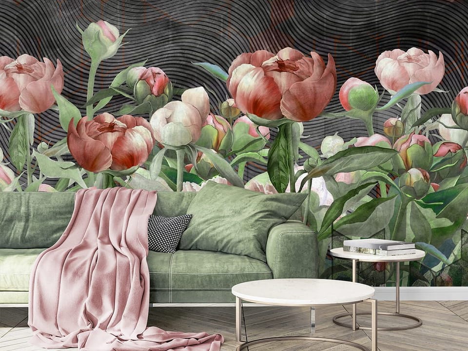 Fototapeta Bukiet Różowych Piwonii we wnętrzu salonu