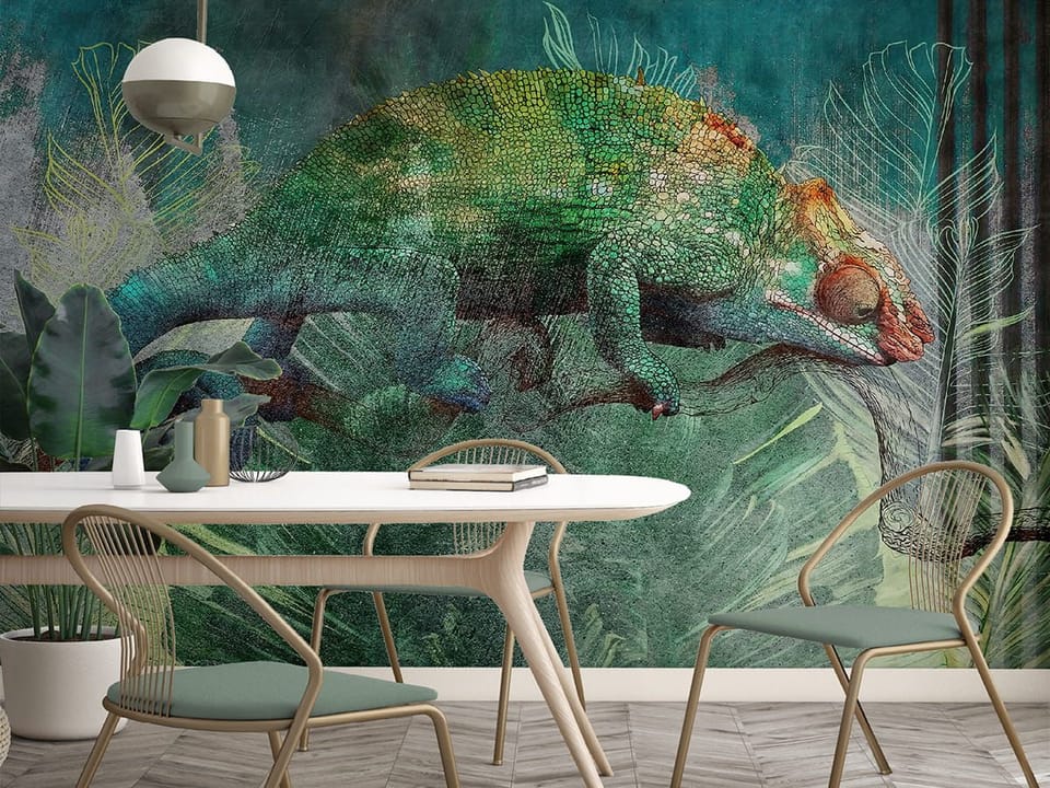 Fototapeta Kameleon wśród zieleni liści we wnętrzu kuchni