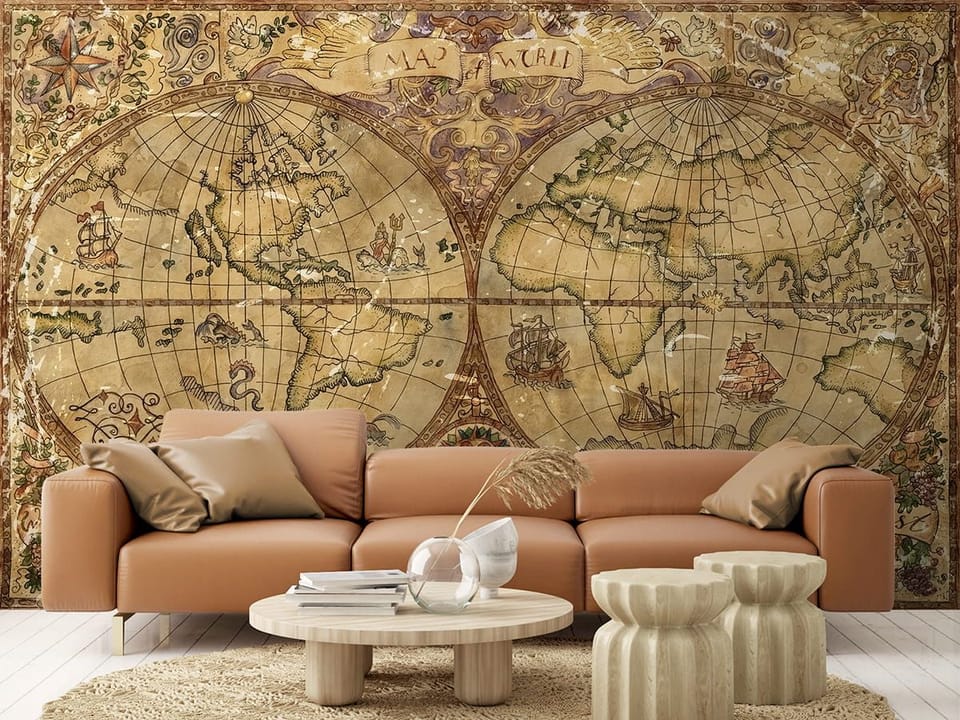 Fototapeta Stara mapa świata z globusami we wnętrzu salonu