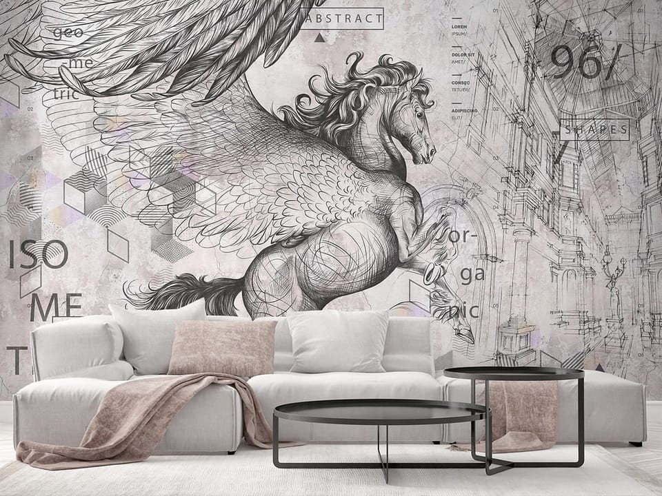 Fototapeta Skrzydlaty koń w antycznym stylu we wnętrzu salonu
