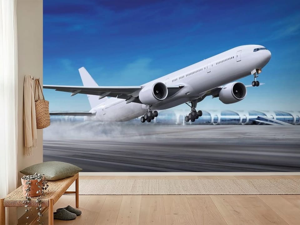 Fototapeta z samolotem pasażerskim startującym z pasa, w tle terminal - widok na ścianę w przytulnym przedpokoju