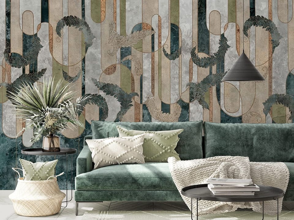 Fototapeta Abstrakcyjne wzory z liśćmi we wnętrzu salonu