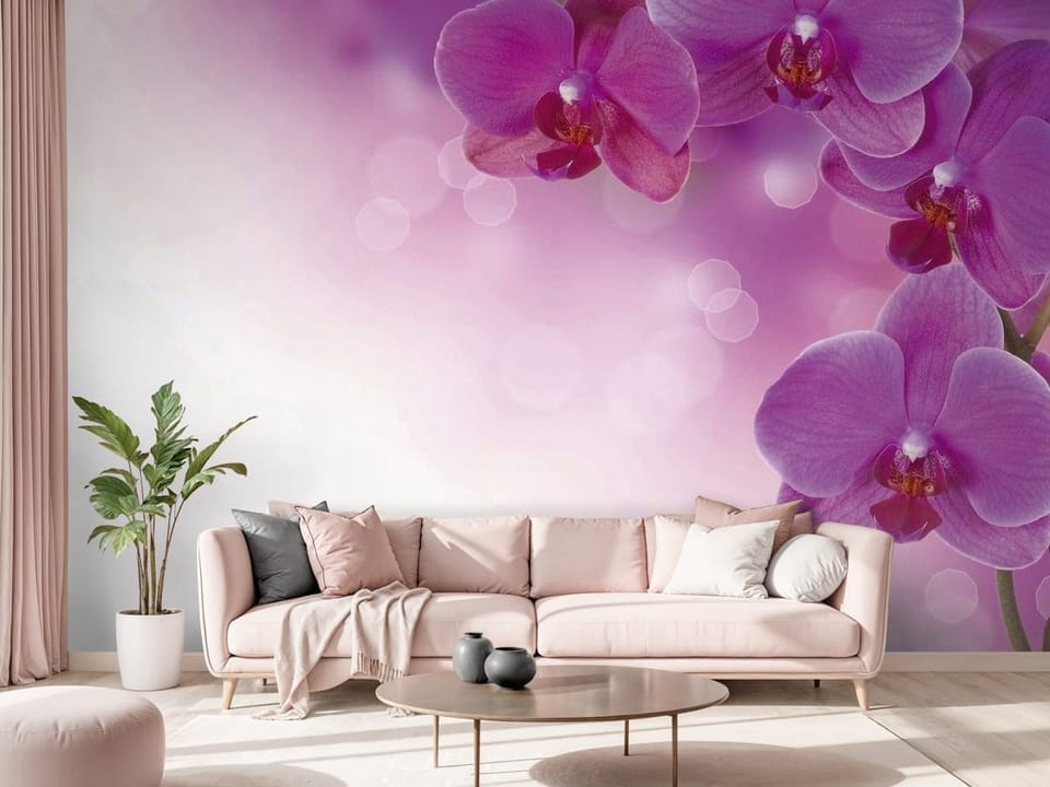 Fototapeta z fioletowymi kwiatami orchidei na gałązce i rozmytym tle - salon w różowych kolorach