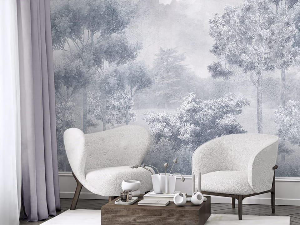 Fototapeta Drzewa w zamglonym lesie we wnętrzu przedpokoju