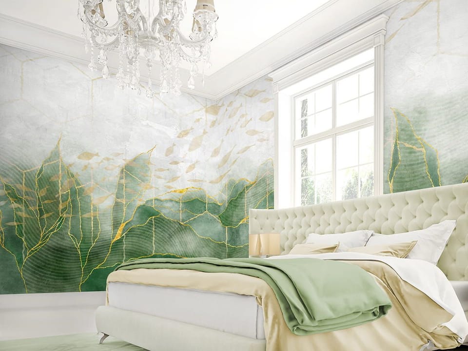 Fototapeta Abstrakcyjne zielone wzory i linie we wnętrzu sypialni