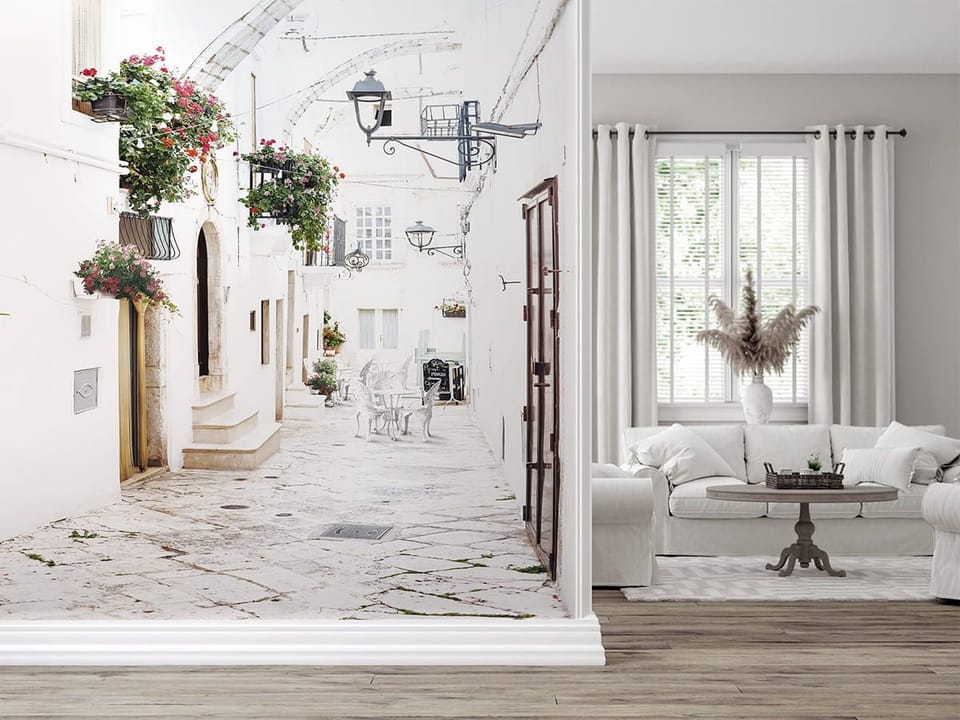 Fototapeta Uliczka z białymi budynkami we wnętrzu przedpokoju